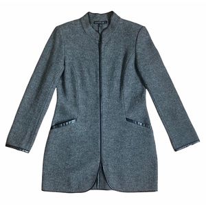 Lafayette 148 New York Gray Virgin Wool Zip Front Car Coat Vegan Leather Trim 8
